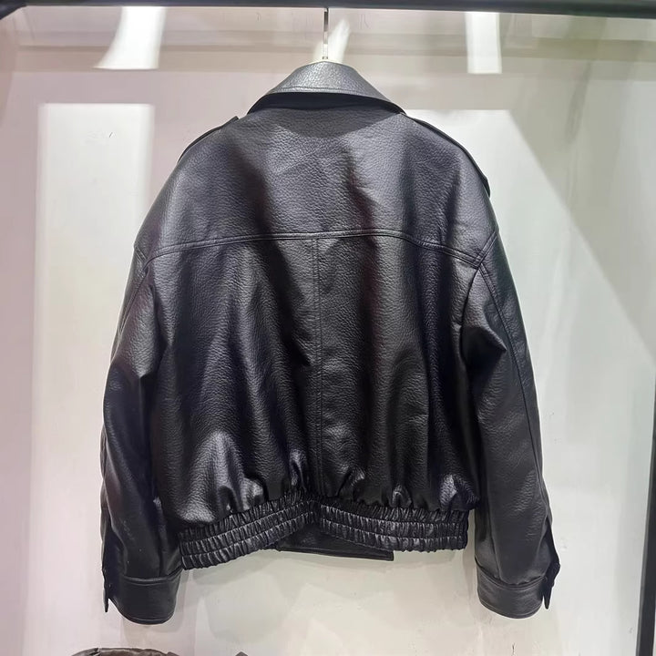 Damen nan cropped zweireihiger Kunstleder-Blouson mit breitem Revers und elastischem Saum Echo Archiv