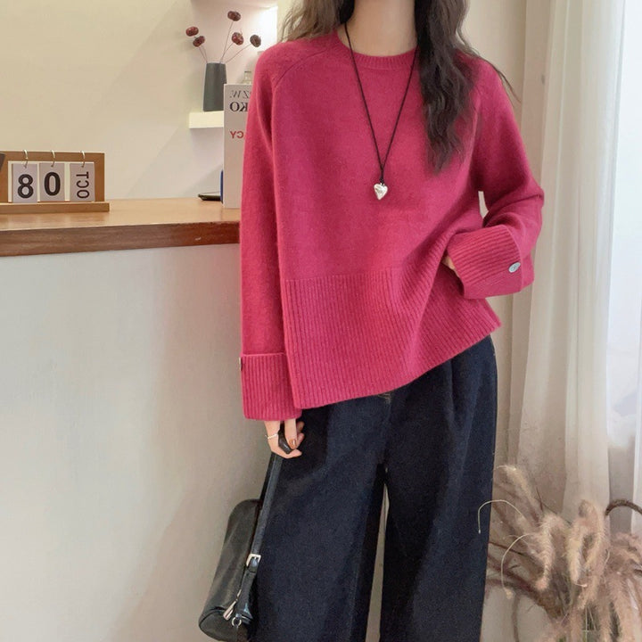 Damen Oversize‑Feinstrickpullover mit breitem Rippbund, extraweiten Ärmelabschlüssen und Zierknopf Echoarchiv