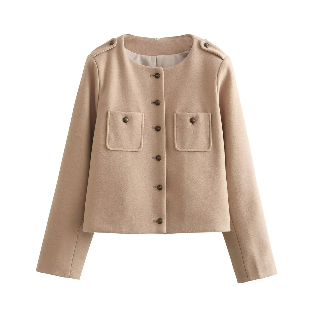 Damen kurze Wolloptik-Jacke mit Rundhalsausschnitt, aufgesetzten Pattentaschen und Schulterpatten – Célinea