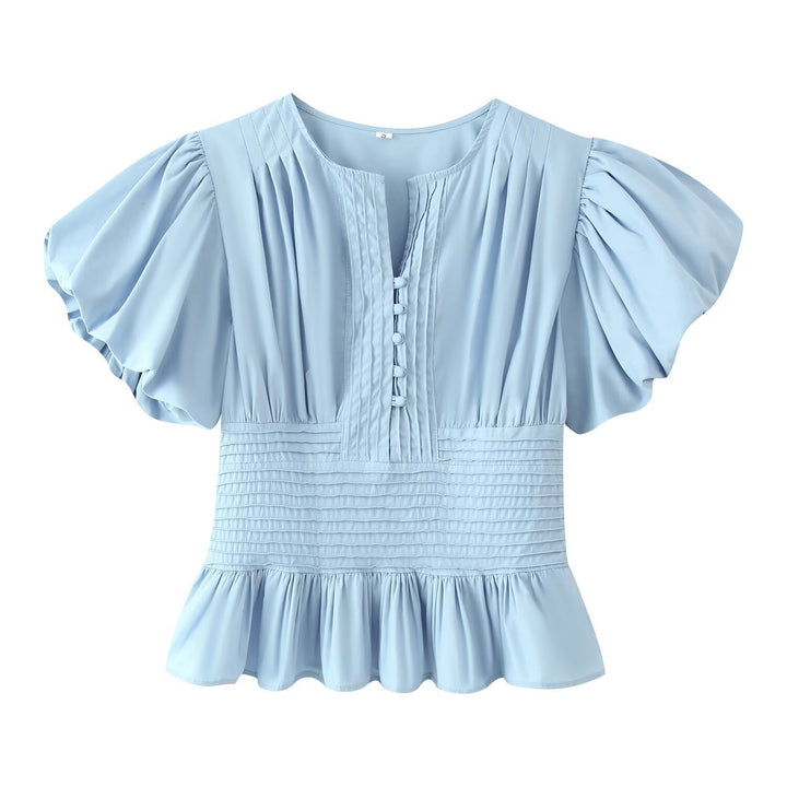 Damen Romantische Bluse mit Puffärmeln, Kellerfalten‑Blende und gesmokter Taille Echo Archiv