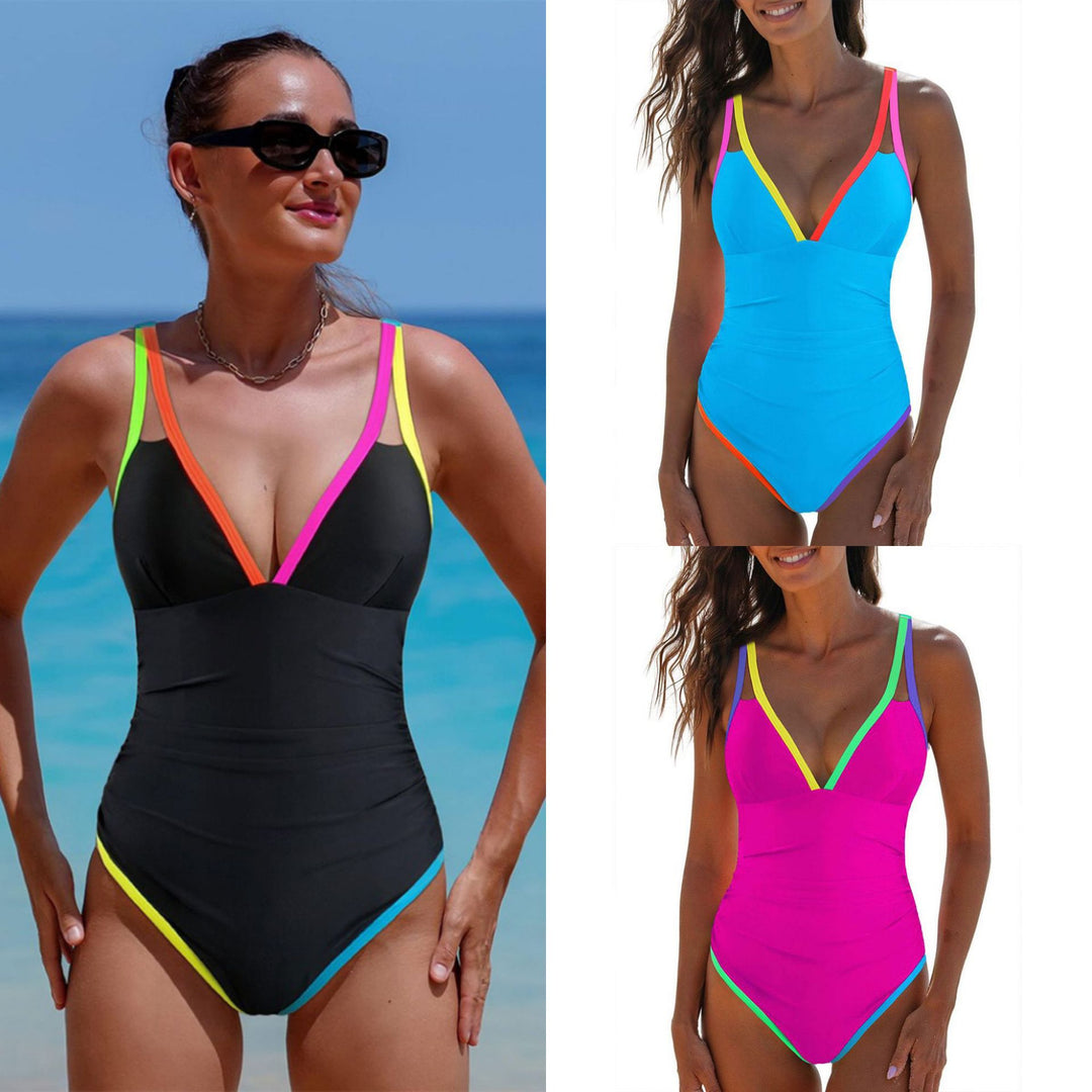 Damen Sportlicher Schwimmanzug mit tiefem V-Ausschnitt und bunten Akzenten Echo Archiv