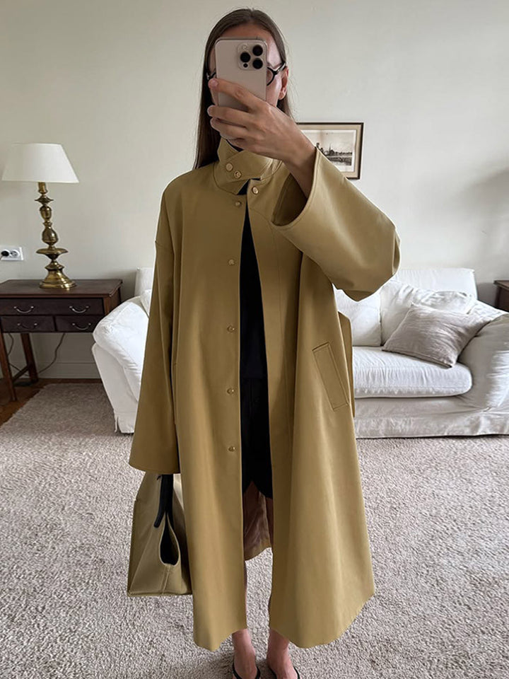 Damen Maxilanger Oversize-Trenchcoat mit Stehkragen und verdeckter Druckknopfleiste Echoarchiv