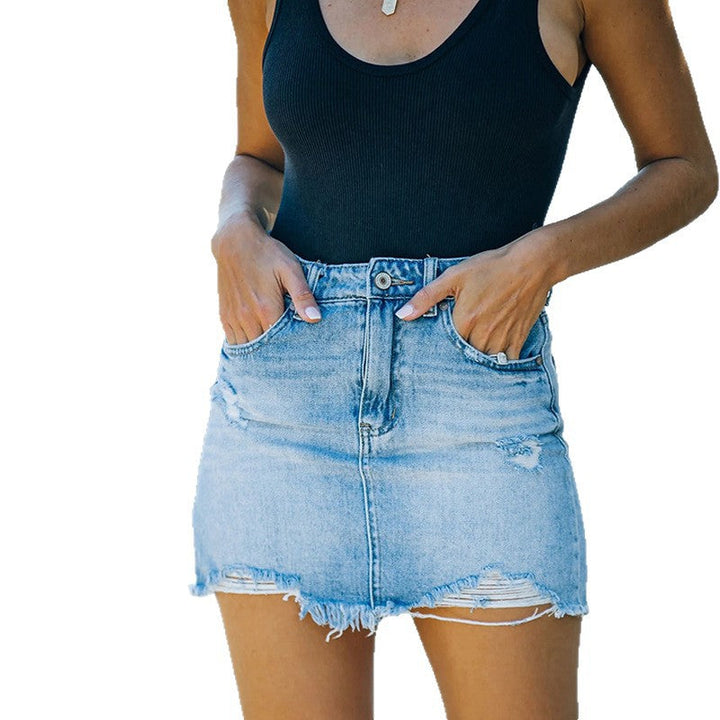 Damen Vintage Denimrock mit hohem Bund und ausgefranstem Saum Echoarchiv