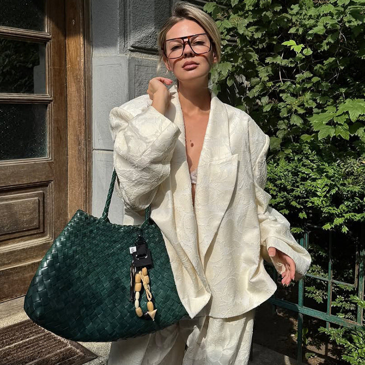 Damen Zweiteiliges Jacquard-Hosen-Set mit Oversize-Boxy-Blazer und hochgeschnittener Palazzo-Hose Echoarchiv