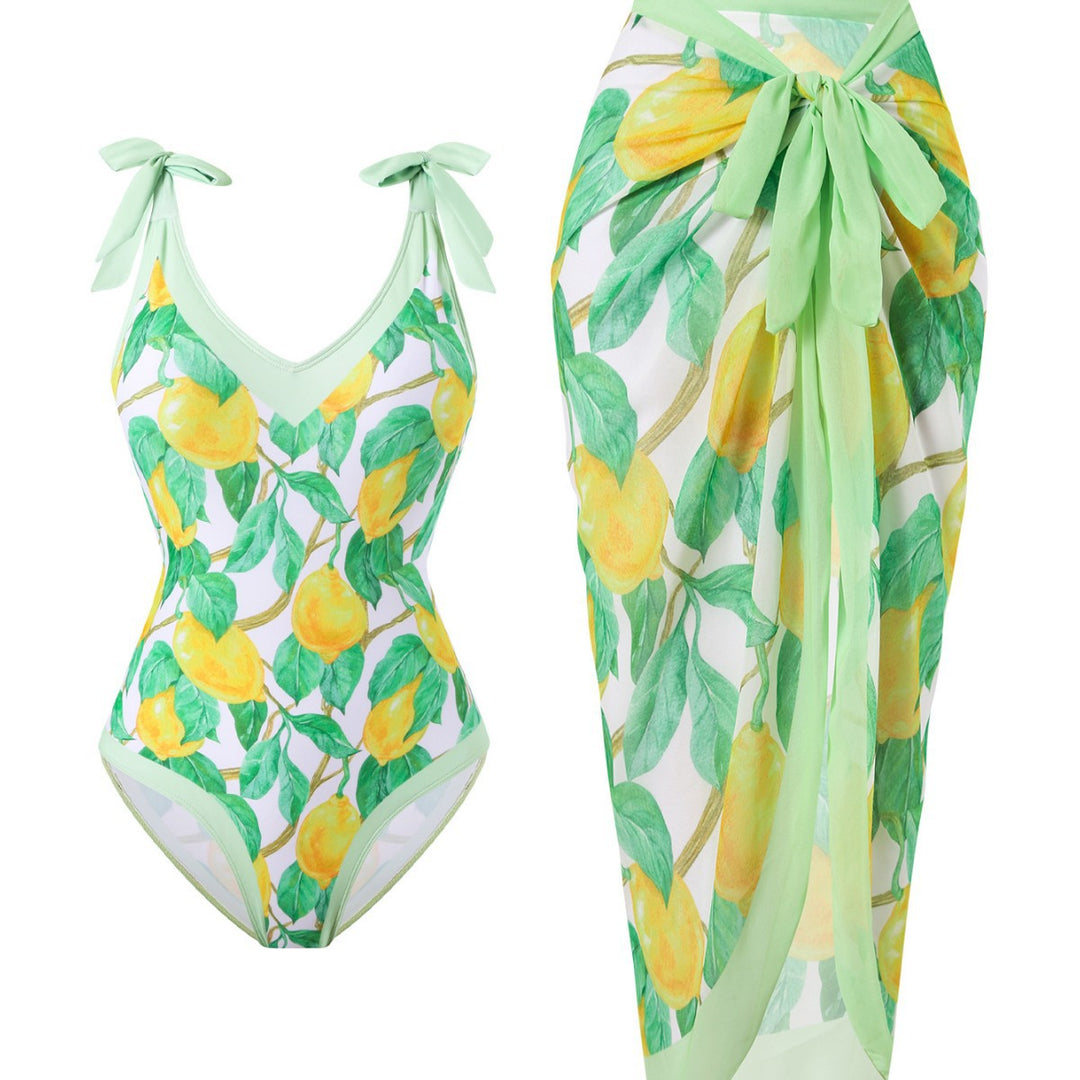 Damen Badeanzug mit floralem Design und transparentem Wickelrock Echo Archiv