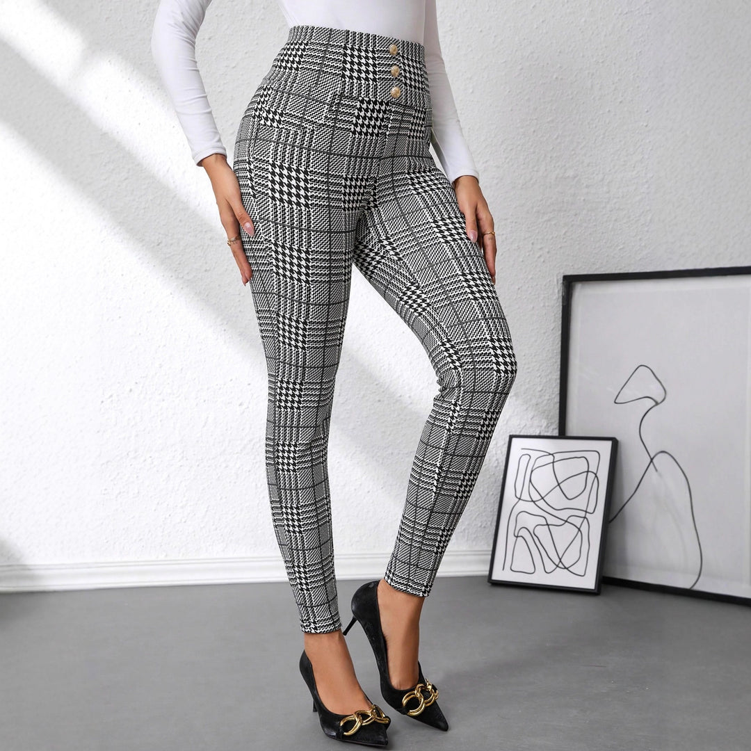 Damen Hochtaillierte Slim-Fit Businesshose mit Glencheck-Muster und Stretch – Avérine