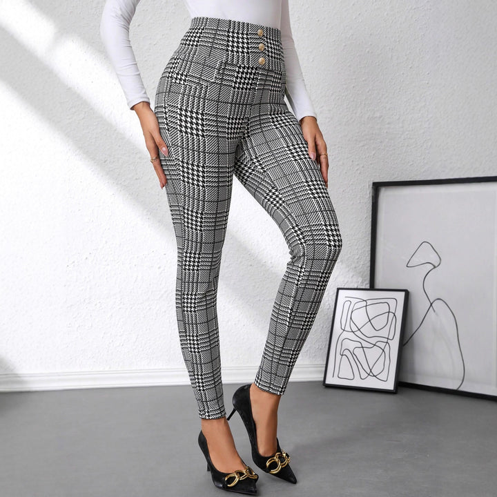 Damen Hochtaillierte Slim-Fit Businesshose mit Glencheck-Muster und Stretch – Avérine