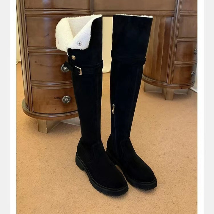Damen Kniehohe Velours-Winterstiefel mit umklappbarer Schaftrand‑Fütterung und profilierter Lug‑Sohle Echo Archiv