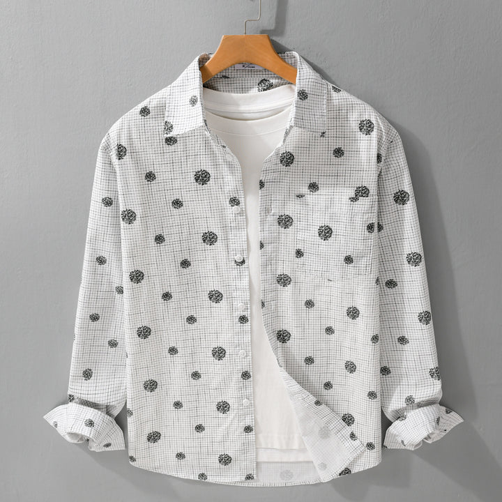 Herren leichtes Langarm-Overshirt im Hemdjacken-Stil mit feinem Karodessin und floralem Allover Echoarchiv