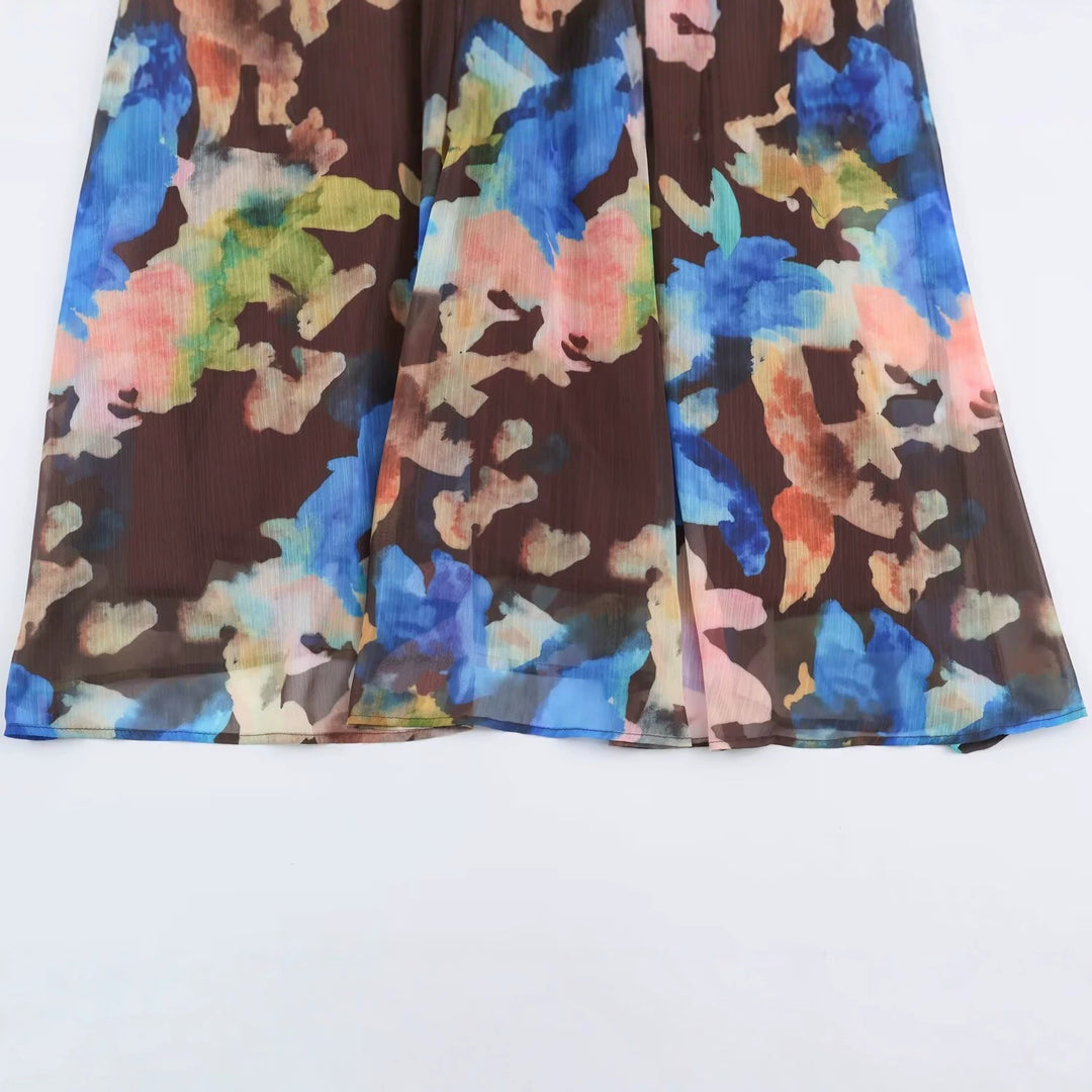 Damen Plissiertes Chiffon-Midikleid mit Aquarellprint, taillierter Silhouette und Ballonärmeln Echoarchiv