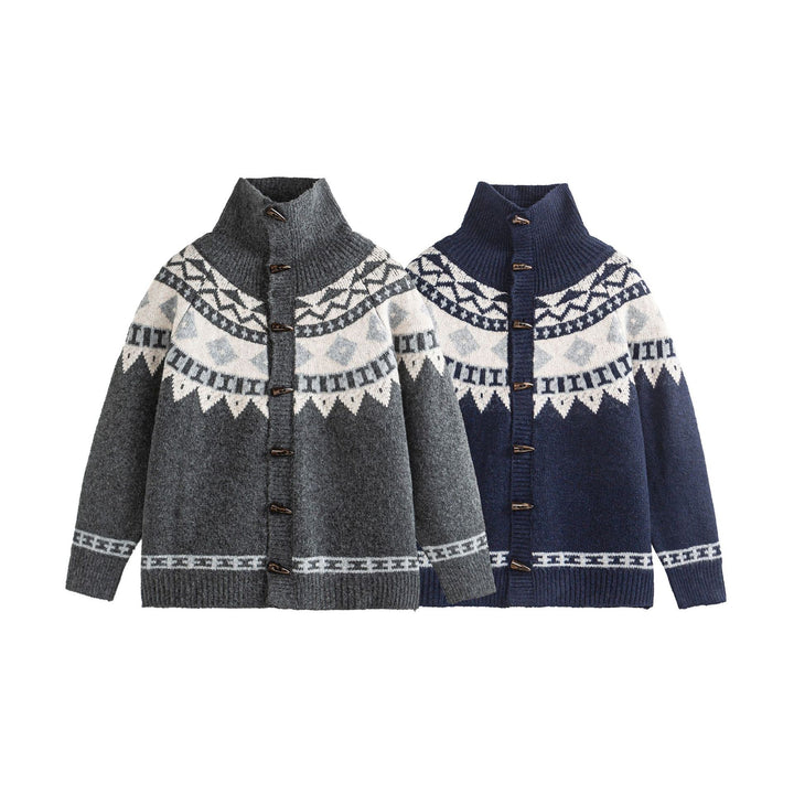 Damen Norwegermuster Strickcardigan mit hohem Stehkragen und Knebelverschlüssen Echoarchiv