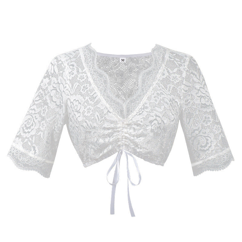 Damen nan Spitzenbolero Bluse mit Stehkragen, 3/4 Ärmeln und Bindeband Echo Archiv