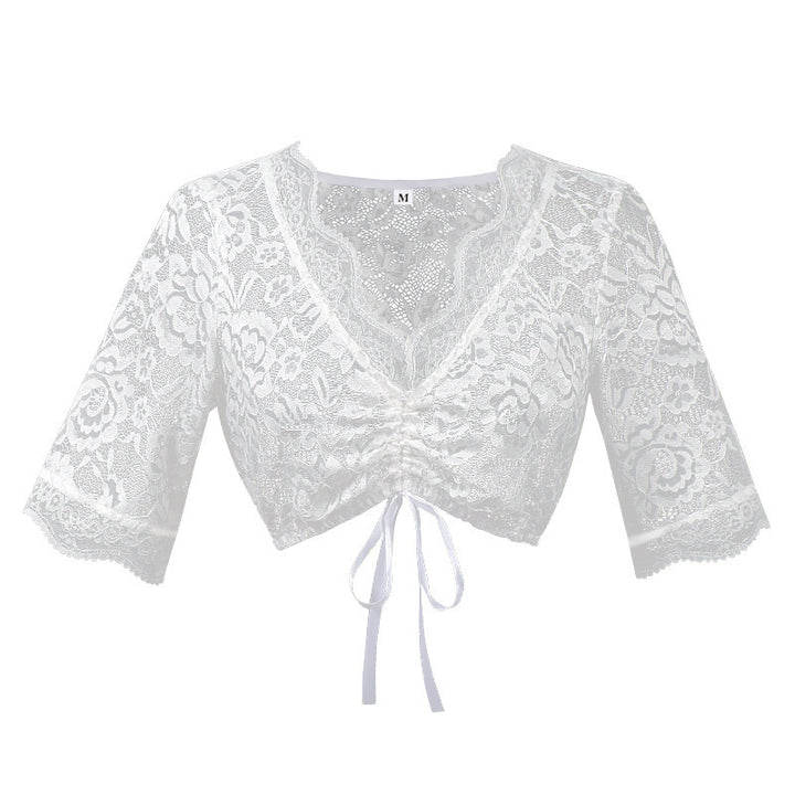 Damen nan Spitzenbolero Bluse mit Stehkragen, 3/4 Ärmeln und Bindeband Echo Archiv