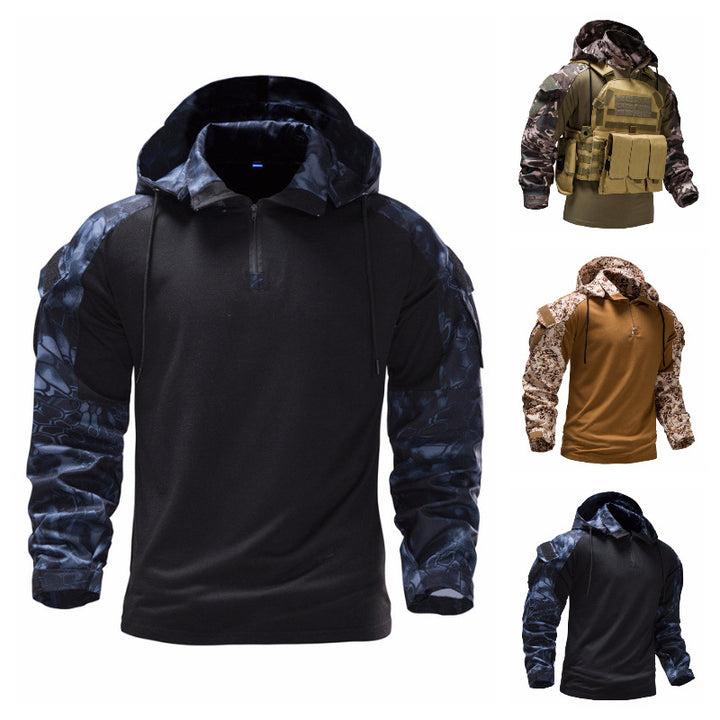 Herren taktisches Langarmshirt mit Kapuze und camouflierter Armgestaltung Echoarchiv