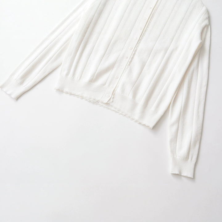 Damen Cropped Feinstrick-Cardigan mit Lochstreifen, Rundhals und Zierknopfleiste Echoarchiv