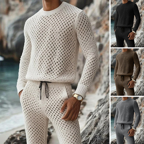 Herren Strukturstrick-Pullover mit feinmaschigem Lochmuster und Rundhals Echoarchiv