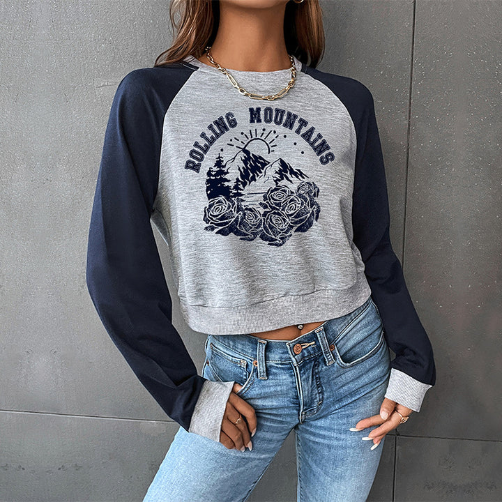 Damen Cropped Raglan-Sweatshirt mit Bergmotiv, Rippbündchen und lockerer Passform Echoarchiv
