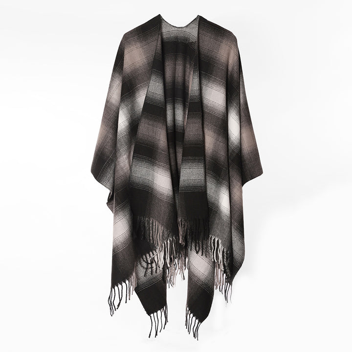 Damen Oversize Wollmix‑Ponchocape mit Ombre‑Karomuster und Fransensaum – Avérine