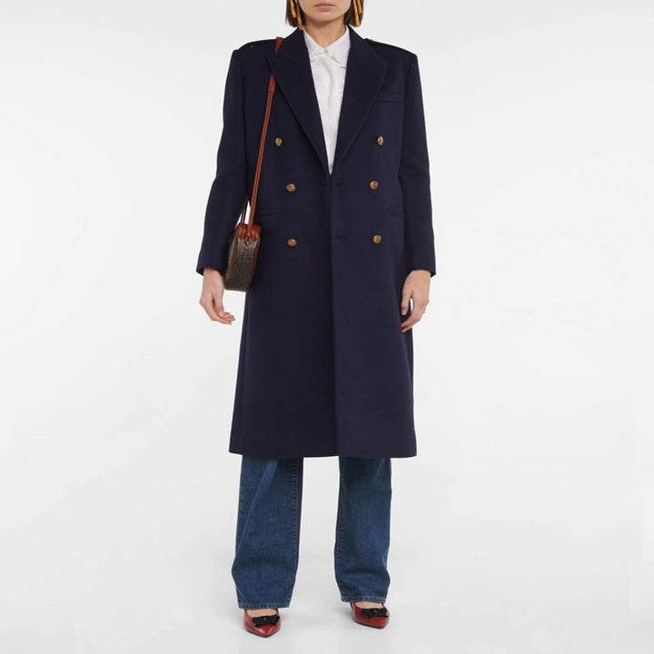 Damen Doppelreihiger Wollmix-Longcoat mit Epauletten und strukturierter Tailoring-Silhouette Echoarchiv
