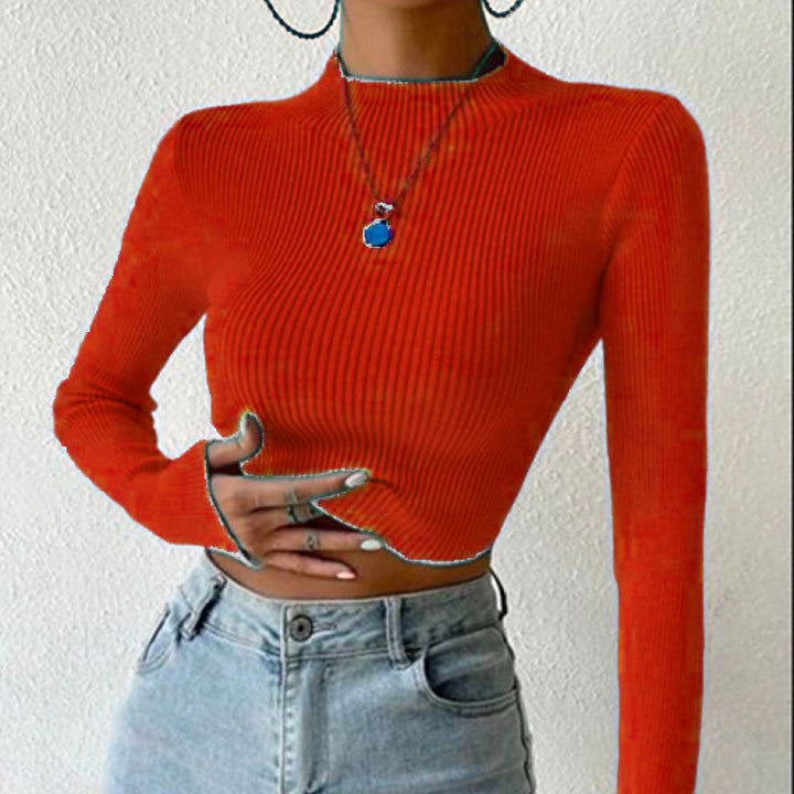 Damen Gerippter Cropped Feinstrickpullover mit Stehkragen – Mavelle