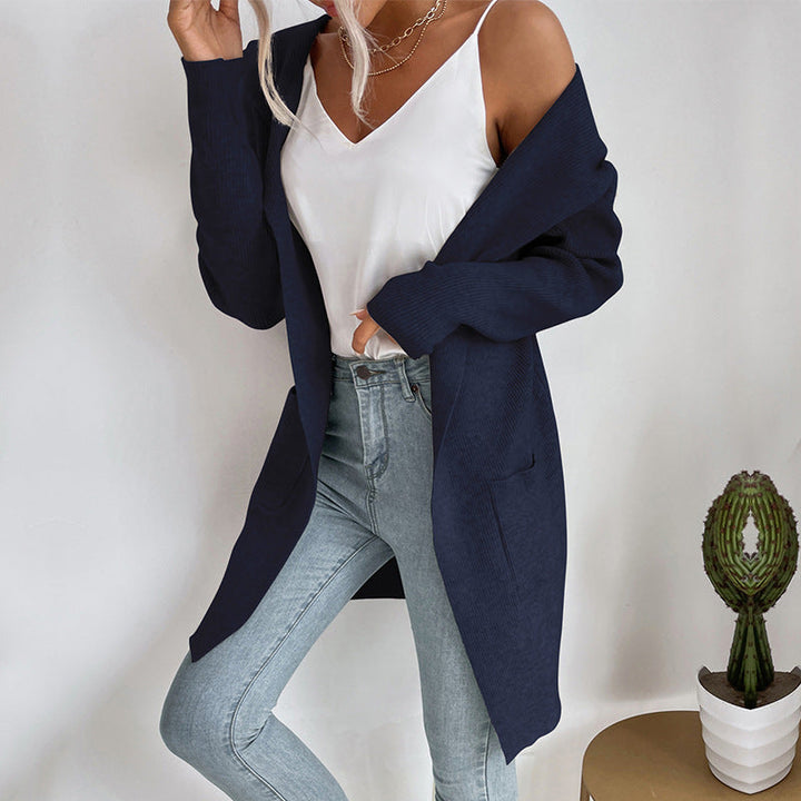 Damen Langer gerippter Cocoon-Cardigan aus leichtem Feinstrick mit Eingrifftaschen Echoarchiv