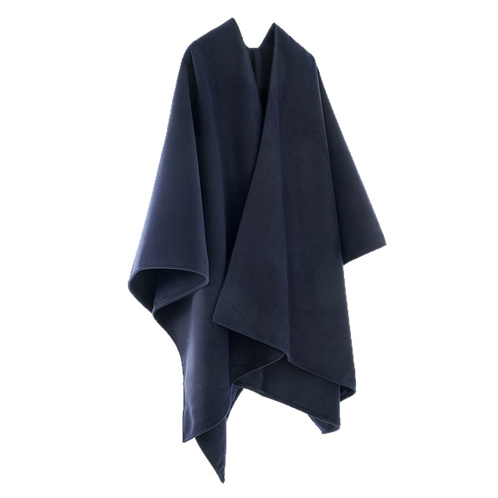 Damen Minimalistischer Wickel-Cape aus Wollmix mit V-Ausschnitt und asymmetrischem Saum – Montévia
