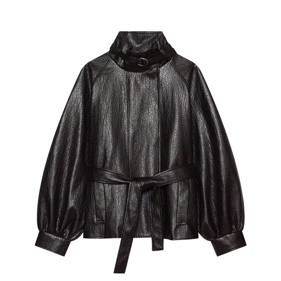 Damen Kurzjacke aus Lederimitat mit hohem Schnallenkragen und Taillengürtel Echoarchiv