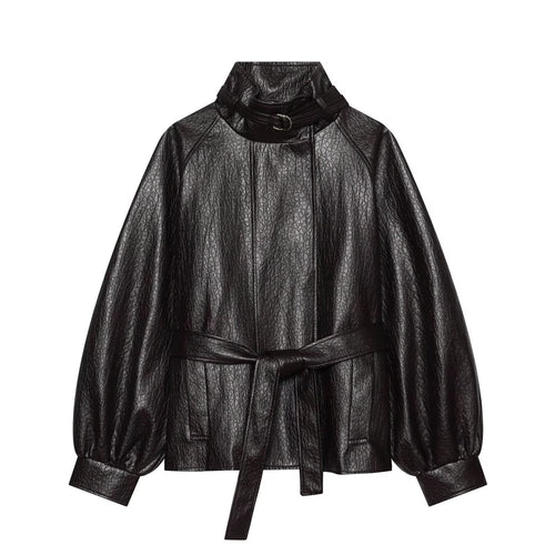 Damen Kurzjacke aus Lederimitat mit hohem Schnallenkragen und Taillengürtel Echoarchiv