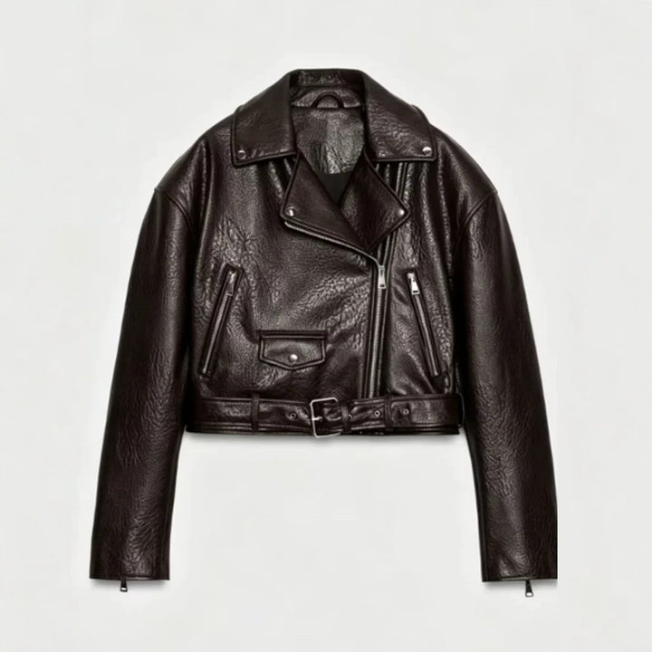 Damen Kurz geschnittene Bikerjacke aus Kunstleder mit Taillengürtel und asymmetrischem Reißverschluss Echoarchiv