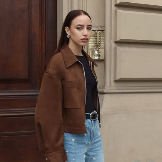 Damen Kurze Veloursleder‑Optik Jacke mit Reißverschluss und Oversize‑Ärmeln Echoarchiv