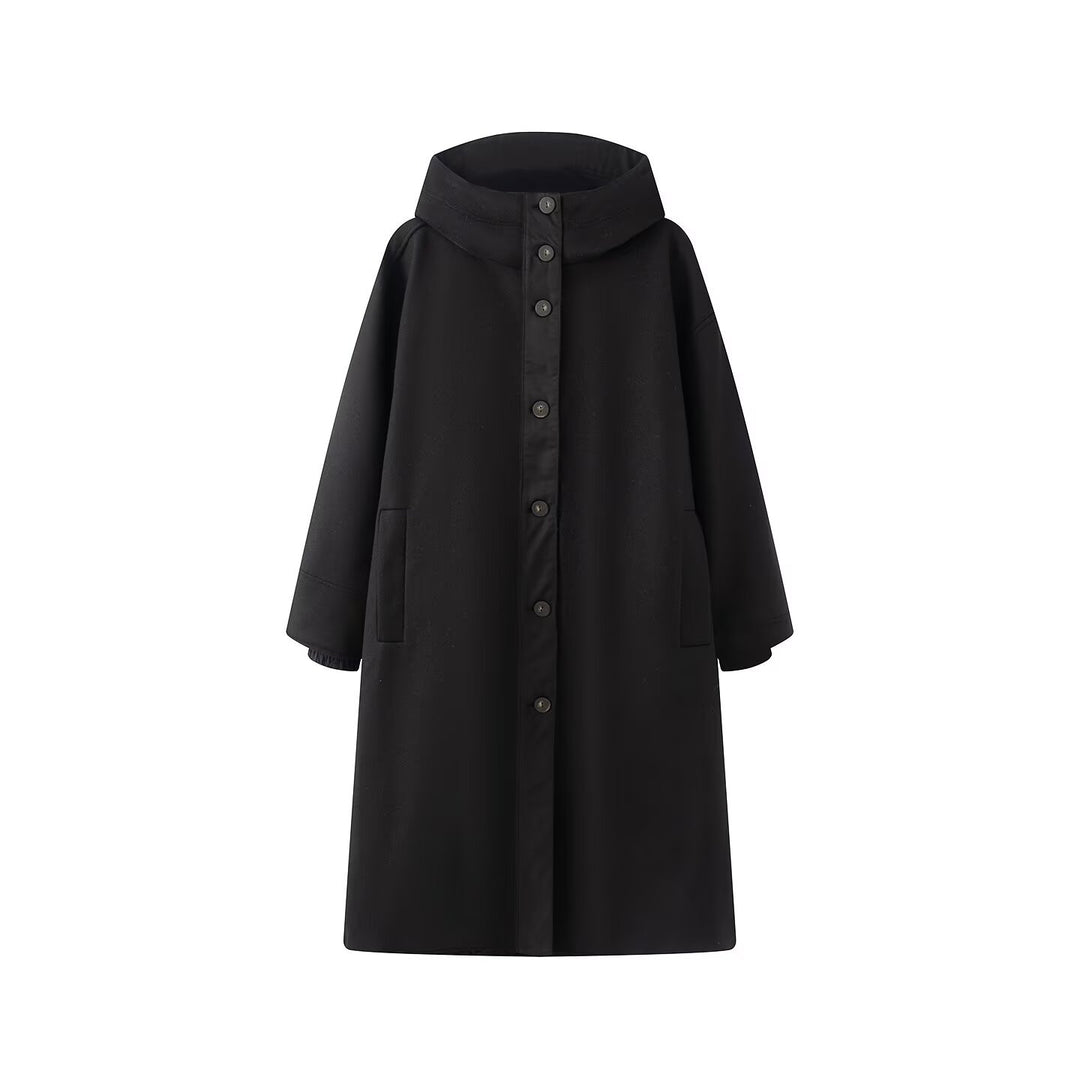 Damen Weicher Oversize Wollmix‑Mantel mit Kapuze und durchgehender Knopfleiste Echo Archiv