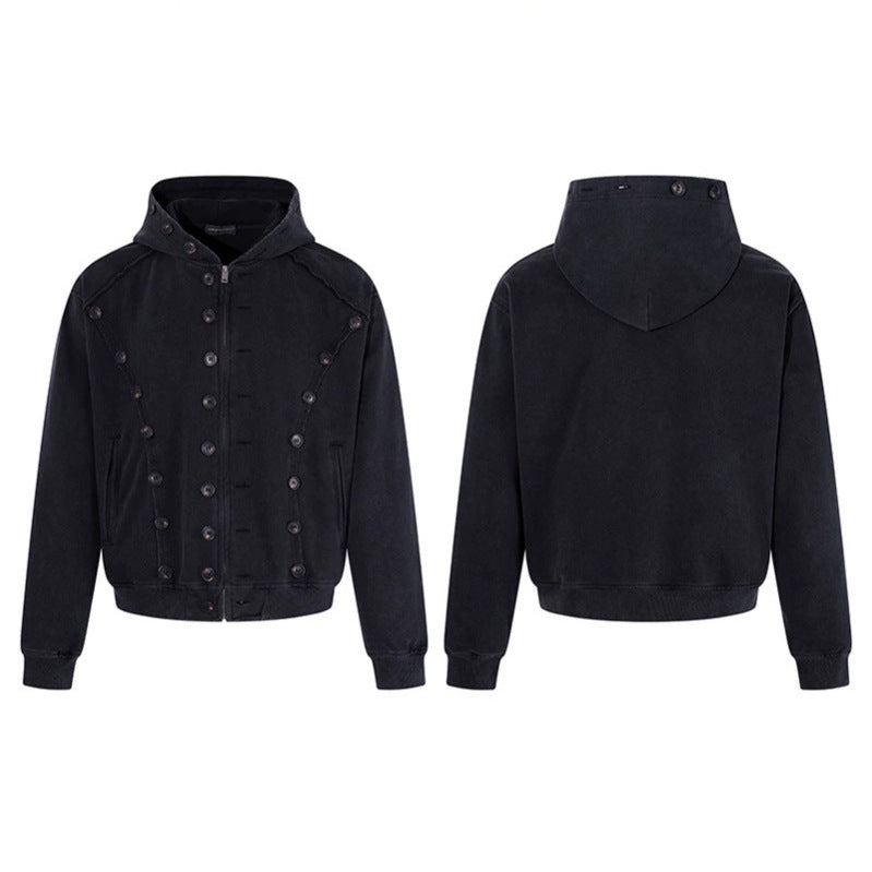 Herren Kapuzen-Zipjacke mit dekorischer Knopfreihe, vintage-inspirierter Waschung und elastischem Saum Echoarchiv