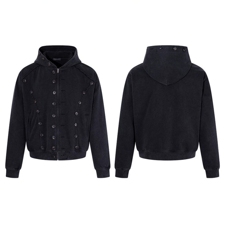 Herren Kapuzen-Zipjacke mit dekorischer Knopfreihe, vintage-inspirierter Waschung und elastischem Saum Echoarchiv