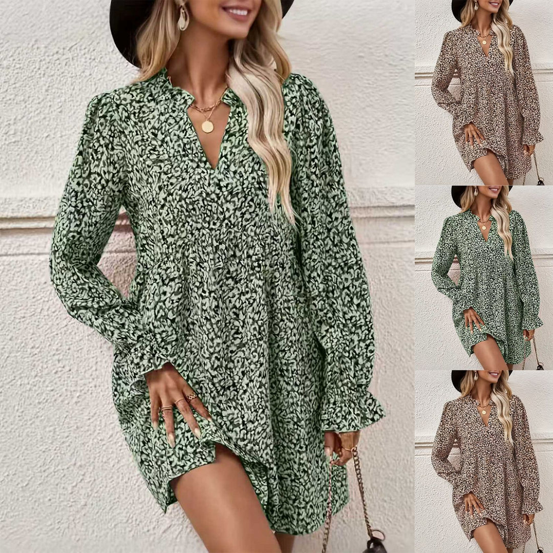 Damen Lockeres Chiffon-Minikleid mit V-Ausschnitt und Volantärmeln Echoarchiv