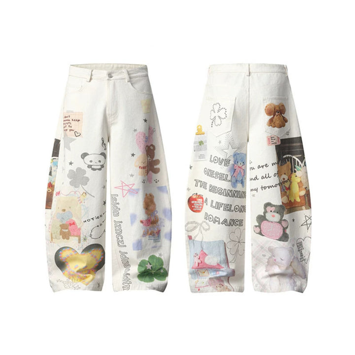 Damen Weite High‑Waist Culotte-Jeans mit verspieltem Allover-Mixed-Print und elastischem Saum Echoarchiv
