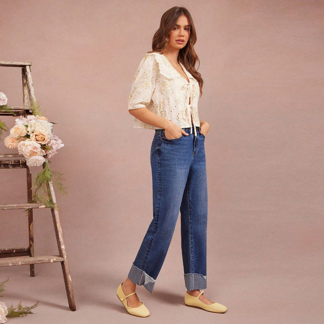 Damen Hochtaillierte Cropped-Jeans mit weitem Bein und ausgefranstem Umschlag Echo Archiv