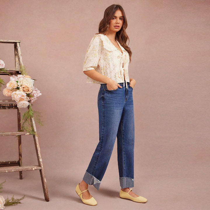 Damen Hochtaillierte Cropped-Jeans mit weitem Bein und ausgefranstem Umschlag Echo Archiv