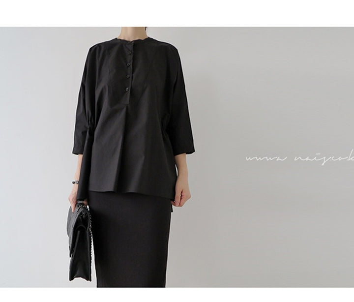 Damen Oversized-Bluse mit Stehkragen, ballonförmiger Silhouette und 3/4-Ärmeln Echoarchiv