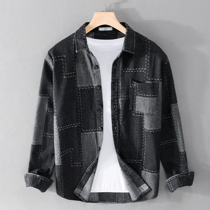 Herren Patchwork-Hemdjacke aus strukturiertem Denim mit sichtbarer Naht und Brusttasche Echoarchiv