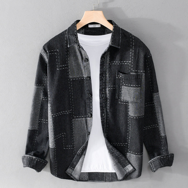 Herren Patchwork-Hemdjacke aus strukturiertem Denim mit sichtbarer Naht und Brusttasche Echoarchiv