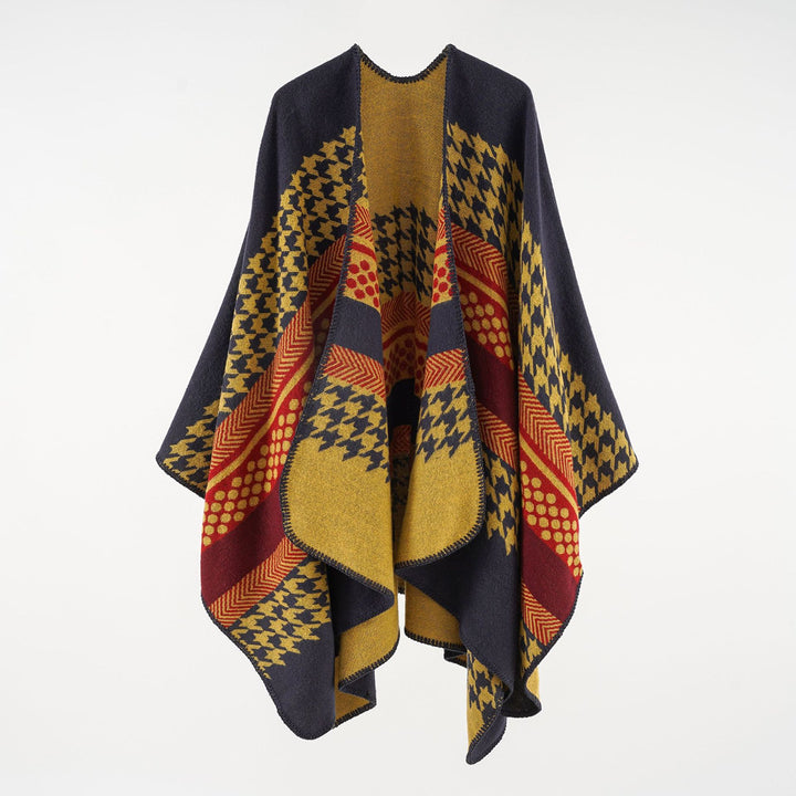 Damen Wohliger Oversize-Umhangponcho aus Wollmix mit Hahnentritt- und Grafikjacquard – Célinea