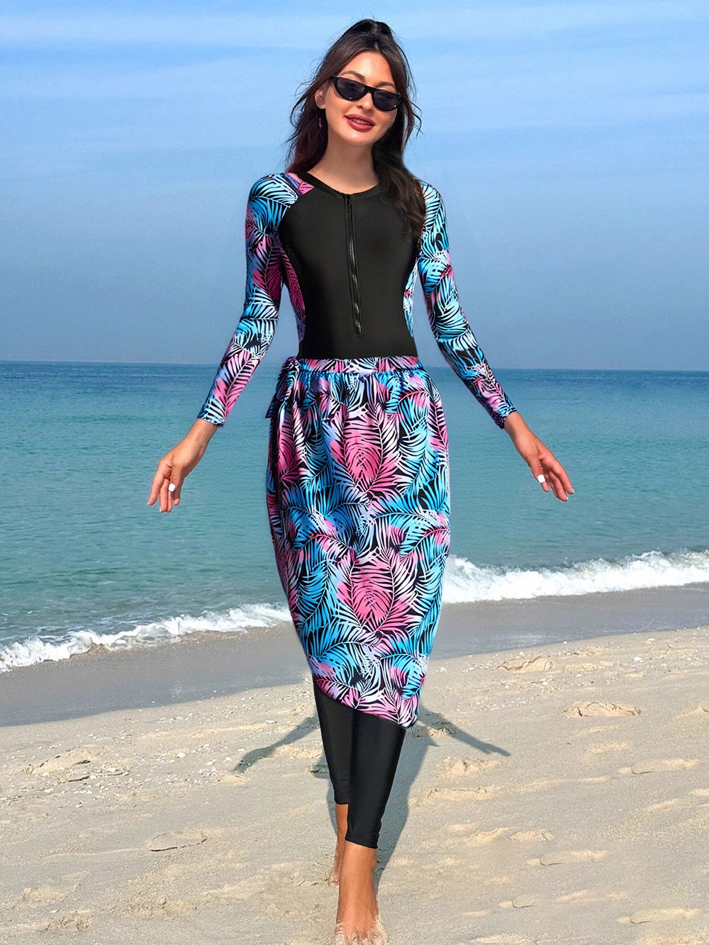 Damen Modischer UV-Schutz-Schwimmanzug mit langen Ärmeln und elegantem Rock Echo Archiv