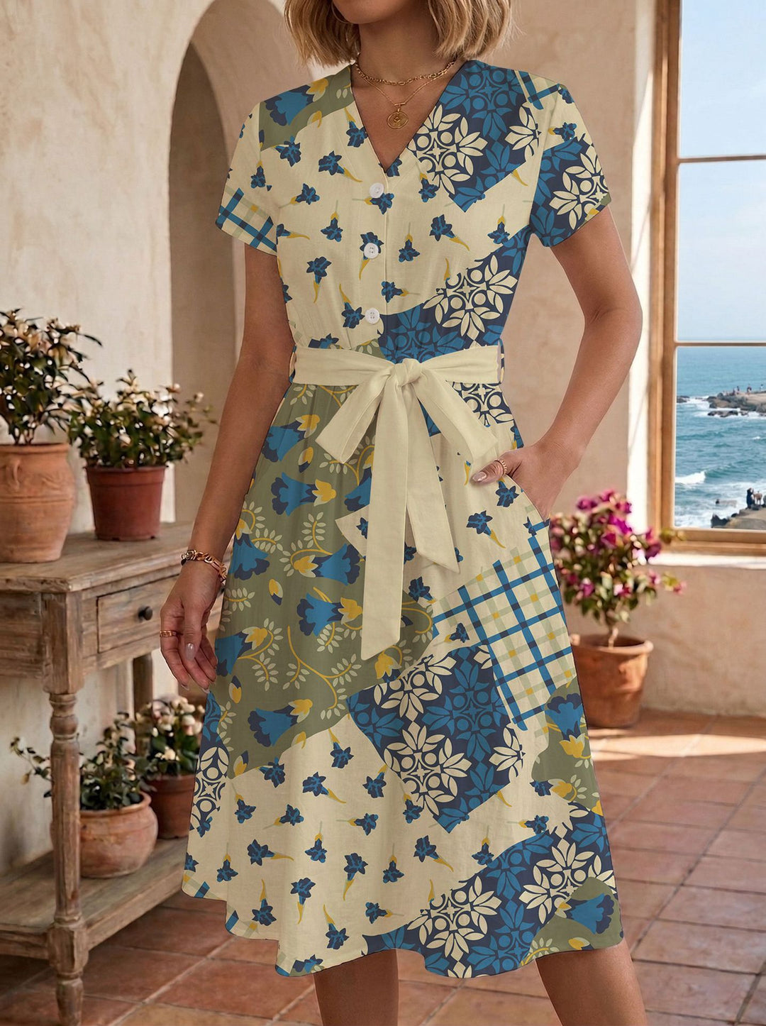 Damen Sommerliches Kleid mit taillierbarem Bindegürtel und floralem Muster Echo Archiv