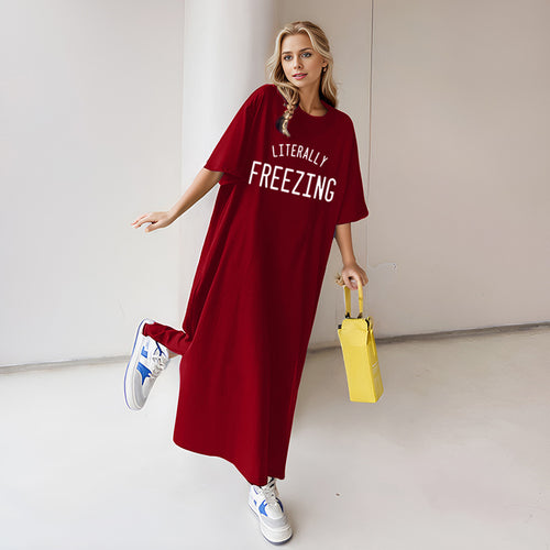Damen lässiges Oversize Maxi-T-Shirt-Kleid mit Rundhals und Statement-Print – Valéora