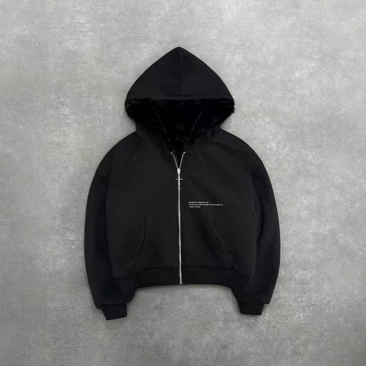 Unisex Kapuzen-Sweatjacke mit Kunstfellfutter, verkürztem Schnitt und Kreuz-Reißverschluss Echo Archiv