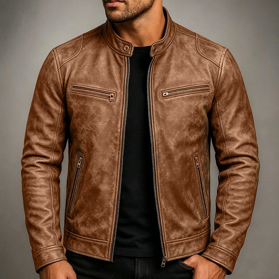Herren Lederjacke im Vintage-Suede-Look mit Stehkragen und Reißverschlusstaschen Echo Archiv