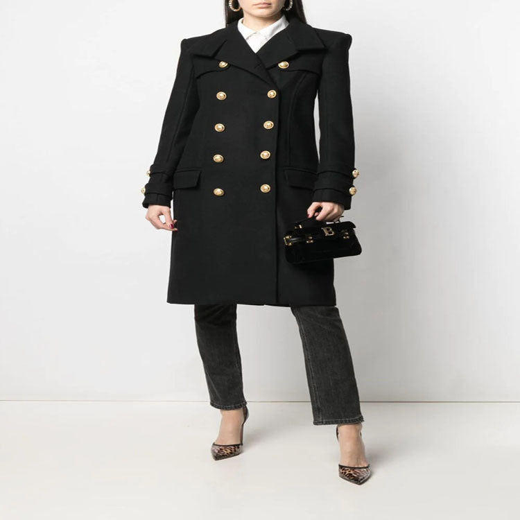 Damen Eleganter Wollmix-Longcoat im Marineinspirierten Doppelreiher mit Oversized-Schalkragen und Zierärmeln Echoarchiv