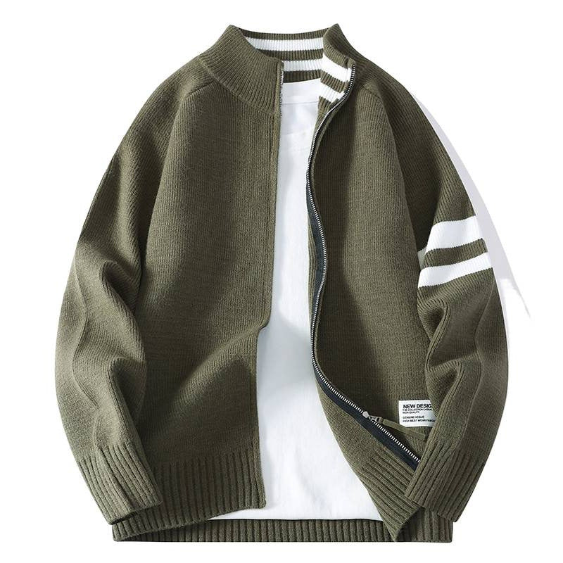 Herren nan gestrickte Zip-Cardigan im College-Stil mit gestreiftem Ärmelband und geripptem Stehkragen Echo Archiv