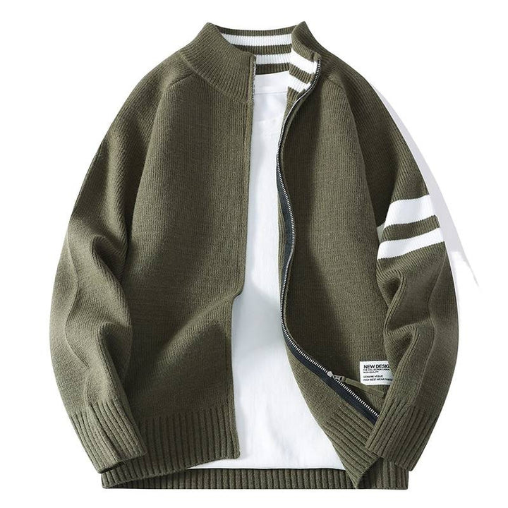 Herren nan gestrickte Zip-Cardigan im College-Stil mit gestreiftem Ärmelband und geripptem Stehkragen Echo Archiv