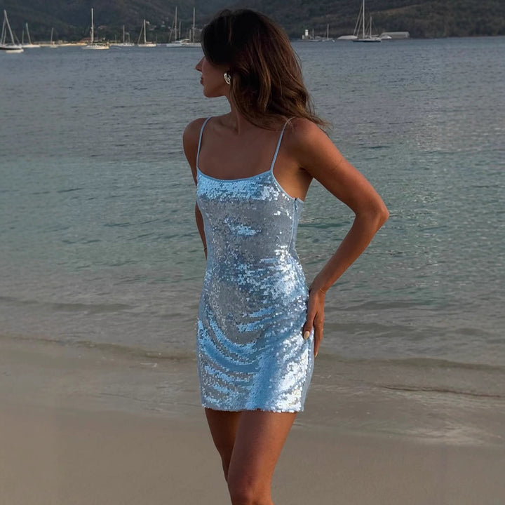 Damen Glitzerndes Party-Kleid mit Spaghettiträgern und figurbetontem Schnitt Echo Archiv